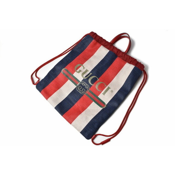 Gucci Drawstring Backpack Striped Leather Logo Tricolor Red Blue White - Picture 4 of 9